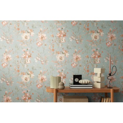 Papier peint intissé fleuri, scandinave aux tons gris, vert et orange - 10,05 x 0,53 m - collection Cosmopolitan (1/5)