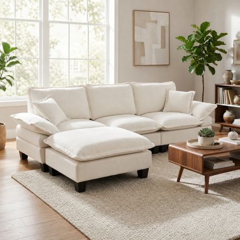 Canapé d’angle fixe en tissu beige 263 x 151 x 90 cm, avec ottomane mobile, 2 coussins et accoudoirs amovibles – de FLORAGRACE, idéal pour le salon moderne (1/5)