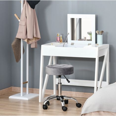 Tabouret de salon à roulettes réglable en hauteur pivotant, revêtement tissu effet velours gris clair, base chromée, 35x35x49-61 cm CHICFURN (1/5)