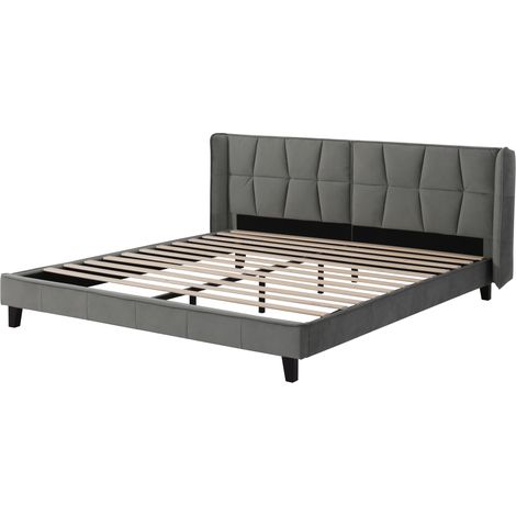 Lit rembourré 180200 avec sommier à lattes et tête de lit, lit pour jeunes, pour adultes et adolescents, support en lattes de bois, montage facile, velours, gris (1/5)