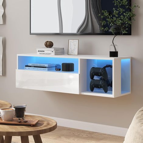 Need – Meuble TV suspendu 100cm avec éclairage LED – 20 couleurs, 19 modes dynamiques – Panneaux de particules anti-rayures – Gestion des câbles (1/5)