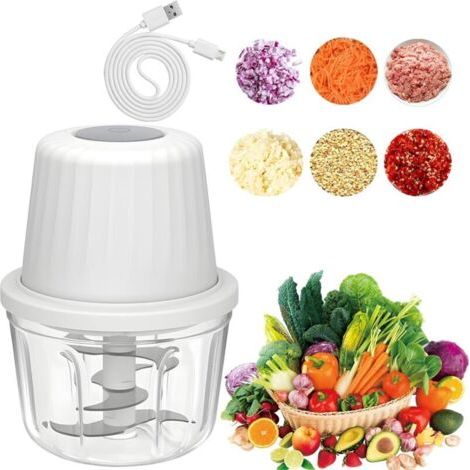 Pair Hachoir à oignons, électrique, 400 ml, hachoir multifonction, hachoir à légumes, 6 lames, câble de charge Type-C, hachoir à oignons de cuisine pour viande, oignons, ail, légumes, noix