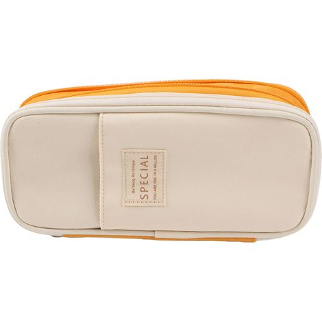 Grande trousse à crayons style simple toile poches filet compartiments crayons fermeture glissière lisse pour école bureau voyage jaune beige (1/5)