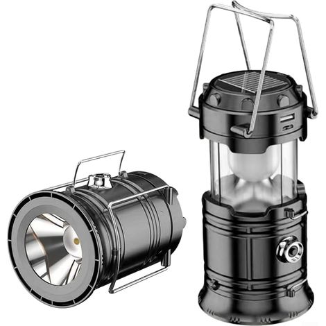 Lampada solare multifunzione da campeggio - Batteria e power bank integrati - Lanterna di emergenza portatile super luminosa - Nera (1/5)