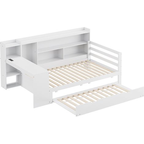 Letto multifunzione bianco 90 x 200 cm con scrivania, contenitori, mensole, presa e letto estraibile (1/5)