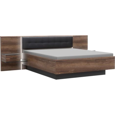 Lit double 160 x 200 cm avec éclairage LED – Décor chêne foncé et noir – Tête de lit rembourrée – Tables de chevet incluses – Meubletmoi (1/5)