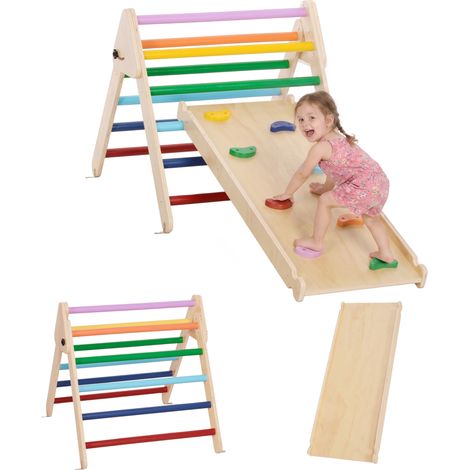 Triangle escalade enfants - AIYAPLAY - 3 en 1 - rampe double-face pour grimper et glisser - pin - 147x64,5x63cm - multicolore