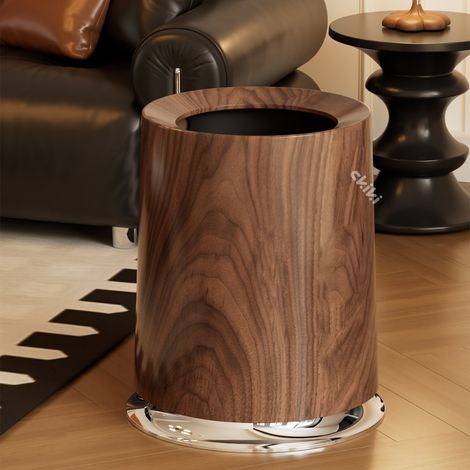 Poubelle cylindrique sans couvercle en ABS imitation noyer foncé style médiéval chinois haut de gamme, contenance 10L, corbeille à papier luxe pour salon, cuisine et bureau, poubelle domestique design (1/5)