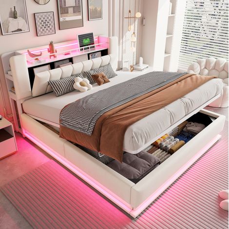 Lit coffre double 180 x 200 cm avec tête de lit rangement,Bandes lumineuses LED ports USB,structure métal,beige (1/5)