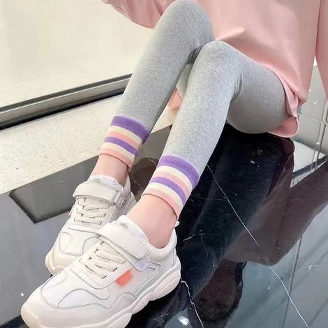 Leggings en coton doux pour filles, longueur cheville, coupe ajustée et respirante, idéaux pour le printemps et l'automne, gris clair, taille S (Longueur du pantalon : 61 cm Taille recommandée : 100 (1/5)