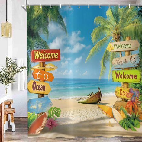 Rideau de Douche Plage Tropicale 180x200 cm, Bateau de Palmier Hawaïen d'été Océan Côtier Paysage Naturel Imperméable Bain Rideau Textile Lavable Rideaux Douche pour Baignoire avec 12 Crochets (1/5)