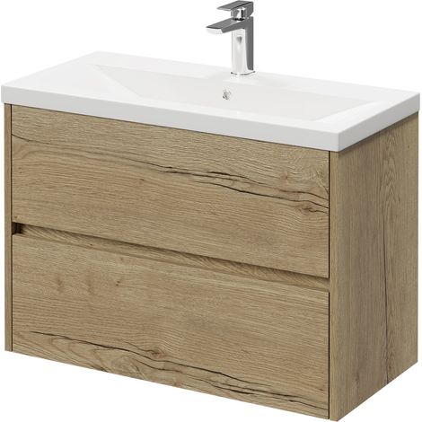 Montego Autumn Oak 800mm Wall Mounted Vanity Unit with 1 Tap Hole Basin and 2 Drawers (1/5)