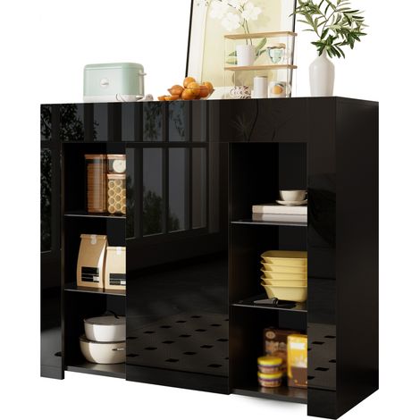 Buffet noir laqué brillant avec étagères en verre et porte de rangement, meuble compact salon cuisine 95x35x83 cm