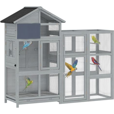 Voliere Vogelvoliere aus Holz mit 6 Sitzstangen Ablagefach herausziehbarer Schublade Edelstahlnäpfen 196x60x164,5cm Grau