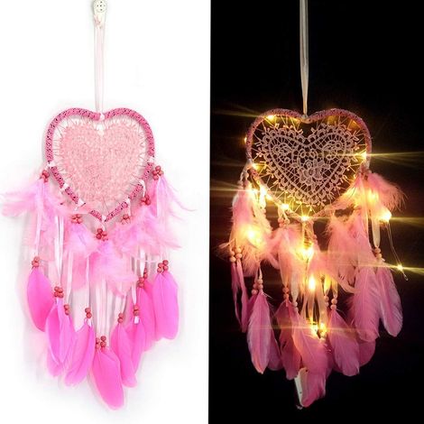Attrape-rêves en plumes, attrape-rêves en plumes avec lumière LED, en forme de cœur, attrape-rêves en plumes exquis fait à la main (1/5)