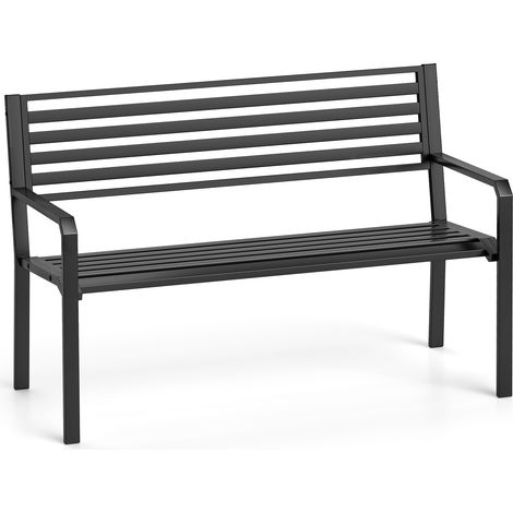 Banc de Parc Métallique 127cm à Lattes pour 2-3 Personnes avec Accoudoirs et Dossier, Siège Moderne pour Cour, Bord de Piscine, Porche, Noir (1/5)