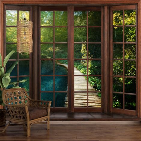 Papier peint panoramique Trompe l'oeil Fenêtre en bois - Ponton - 195 cm x 156 cm (1/5)
