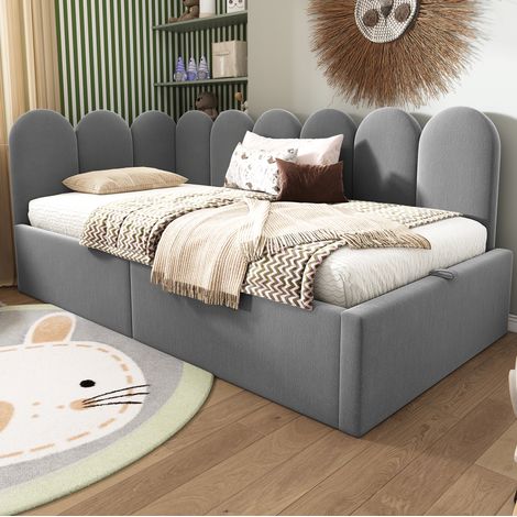 Letto daybed imbottito moderno 90x190 cm in velluto grigio con testiera, contenitore idraulico e rete in metallo (1/5)