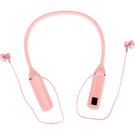 Écouteurs Bluetooth tour de cou avec indicateur de batterie LED, lecteur de carte mémoire, embouts magnétiques et rétroéclairage RGB rose (1/5)