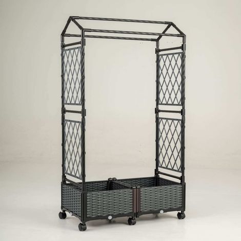 Jardinière avec treillis et toit suspendu, lit surélevé sur roulettes verrouillables, gris, 154 x 40 x 162 cm