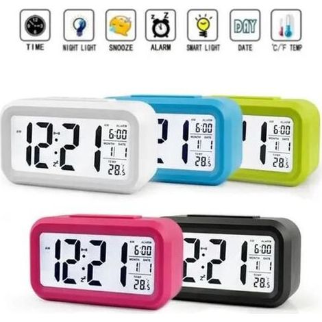 Digitales Thermometer mit Uhr – LCD-Anzeige, 12/24-Stunden-Kalender, MM/TT-Anzeige, Temperaturanzeige in °C, Schlummerfunktion – 14 x 4,5 x 8 cm – 1 Stück (1/5)