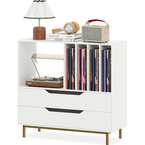 COSTWAY Supporto per Giradischi, Porta Dischi Vinile con 4 Ripiani per Vinili e 2 Cassetti, Armadio per Dischi Fino a 250 Album, per Soggiorno, Studio e Camera da Letto, 91 x 35 x 87 cm (Bianco) (1/5)