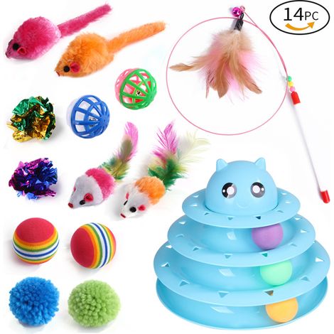 Jouets pour chats, jouets interactifs pour chats, rouleau de piste à trois couches avec trois balles colorées, matériau PP, plus durable, plus fort, bleu ciel
