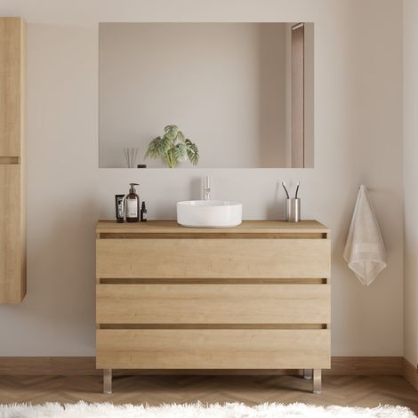 Meuble de salle de bain 120cm avec plateau et vasque à poser ronde - 3 tiroirs - nebraska (chêne clair) - MAYOR (1/5)