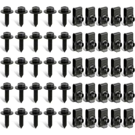 50 fixations de carrosserie automobile - 25 boulons et 25 clips en U pour garde-boue, capots et ailes