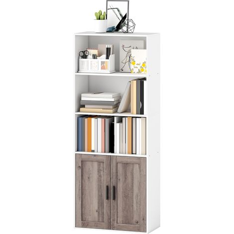 Étagère Livres étroite avec portes et armoire 60x30x149.5 cm Blanc Marron