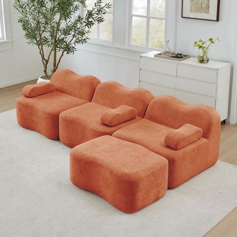 Modulares 3-Sitzer Ecksofa in L-Form mit Hocker, gestellloses Design fürs Wohnzimmer, Samtbezug mit hochdichtem 32D-Schaumstoff, Orange (1/5)