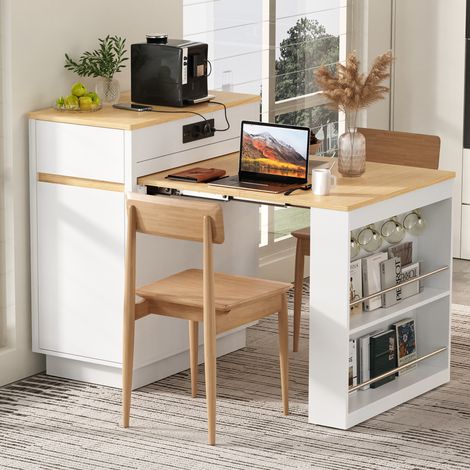 Esstisch mit ausziehbarer Tischplatte, 4 Schubladen, verstellbarem Einlegeboden, LED und USB-Anschlüssen, MDF, weiß (1/5)