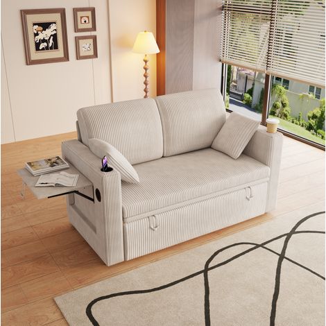 Divano letto 3 in 1 estraibile in velluto a coste (panno) bianco con vassoio pieghevole, portabicchieri, cuscino, porte USB e schienale regolabile (1/5)