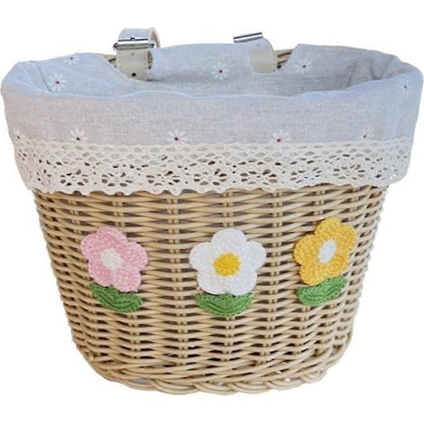 Panier à vélo enfant, tissé à la main avec sangles en cuir, doublé, orné de fleurs décoratives, amovible, compatible avec la plupart des vélos (1/5)