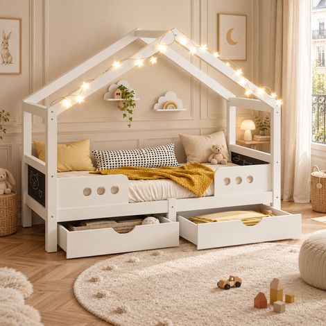 Lit Cabane Enfant 90 x 200 cm, 2 Grands Tiroirs de Rangement, Structure Robuste en Bois et MDF, Charge Max. 120 kg, pour Chambre Enfant blanc (1/5)