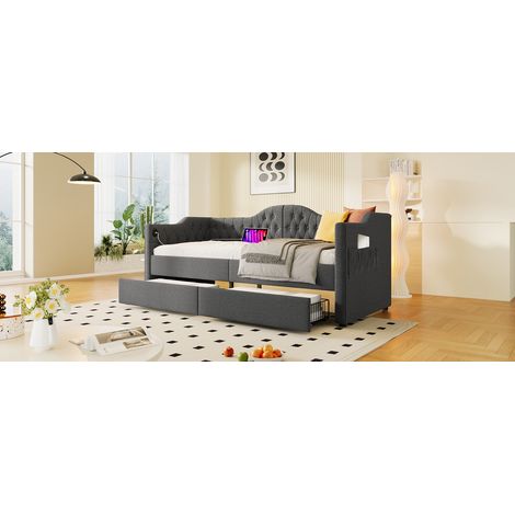 Tagesbett Polsterbett 90x200 cm Leinenoptik Grau mit USB-C, 2 Schubladen, Vintage-Kopfteil (1/5)