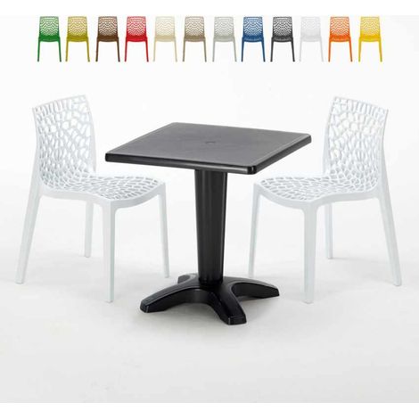 Table Carrée Noire 70x70cm Avec 2 Chaises Colorées Grand Soleil Set Bar Café Gruvyer Aia - Blanc