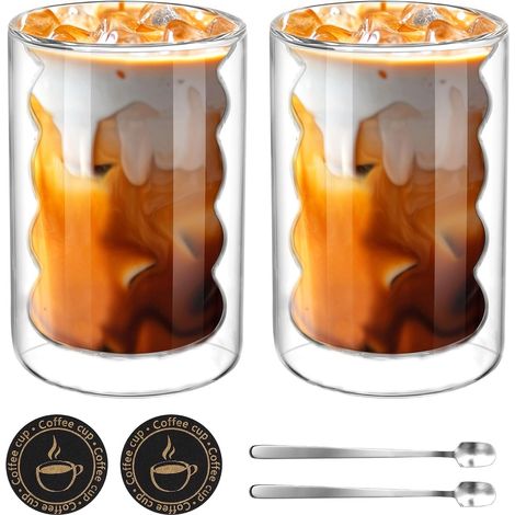 Lot de 2 Tasses Double Paroi, Tasse a Cafe en Verre, 350ml, Verre Strié Verres à Latte Macchiato · isolantes · avec 2 cuillères & 2 sous-verres · pour Matcha café, latte, cappuccino et thé (1/5)