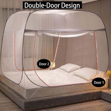 Moustiquaire De Lit - 220x200x155 cm - Pliable Portable - Double Porte En U - Maille Respirante - Gris (1/4)