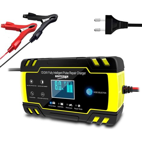 MINKUROW 12v/24v 8a Cargador Y Mantenedor De Automóvil, Carga De Batería Para Automóvil, Motocicleta, Camión, Batería Agm, Con Pantalla Lcd, Amarillo (1/5)