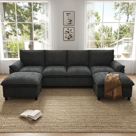 Divano modulare a U con 2 pouf mobili, seduta profonda, schienale alto, ciniglia nera HAVRYA (1/5)