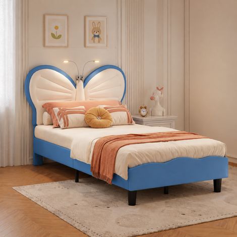 Lit enfant 90x200 cm, Tête de lit réglable papillon en velours avec sommier à lattes et lampe de lecture LED, Bleu et blanc (1/5)