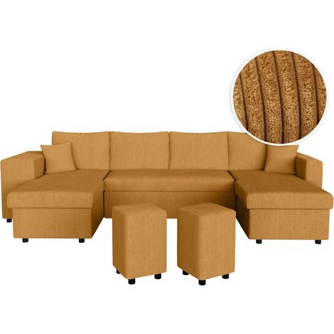 Canapé panoramique OSLO convertible avec 2 coffres, 2 poufs à gauche en velours côtelé jaune (1/5)