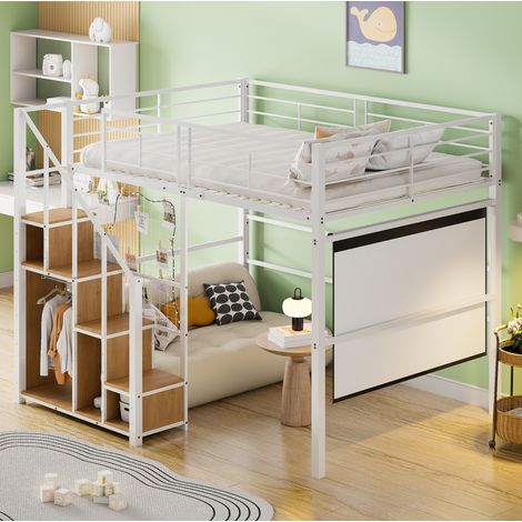 Bett Hochbett Aufbewahrung 140x200 Metall Weiß HAVRYA (1/5)