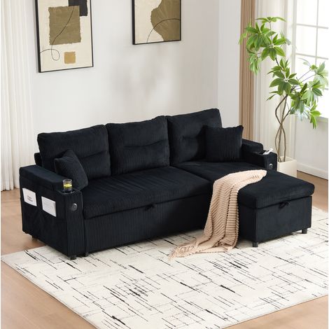 Sofa 3-Sitzer Schwarz 212,5/136/86 cm aus Cord mit Ausziehbett und USB-C (1/5)