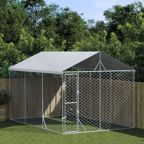 Chenil d'extérieur pour chiens avec toit-Abri pour chien argenté 3x4,5x2,5 m 639411 (1/4)