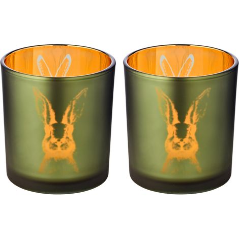Lot de 2 photophores en verre motif lapin vert et doré pour bougie chauffe-plat H8 x Ø7 cm - PANGIVO (1/4)