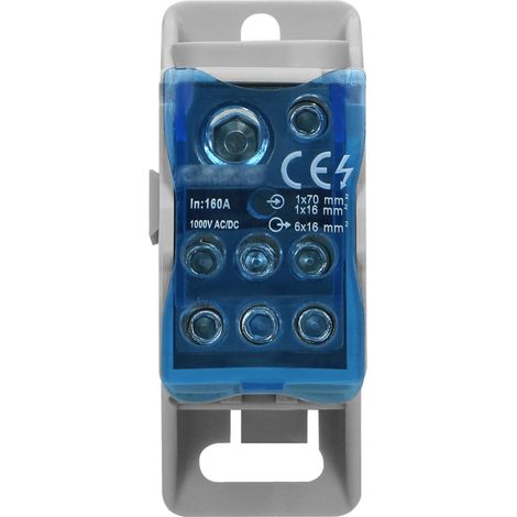 Répartiteur unipolaire 160A 1000V – 2 entrées 70mm² + 16mm² – 6 départs 16mm² – Courant de court-circuit 11,8kA – Orno