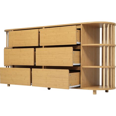 ELVMI Buffet et Enfilade avec 6 Tiroirs et Étagères Ouvertes Pieds Réglables pour Salon en MDF et Bambou 160 x 40 x 75 cm Chêne (1/4)