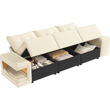 ELVMI Sofá Recto 3 Plazas con Espacio de Almacenaje y Nido para Mascotas, Terciopelo Beige 229,5 x 78 x 84 cm (1/5)